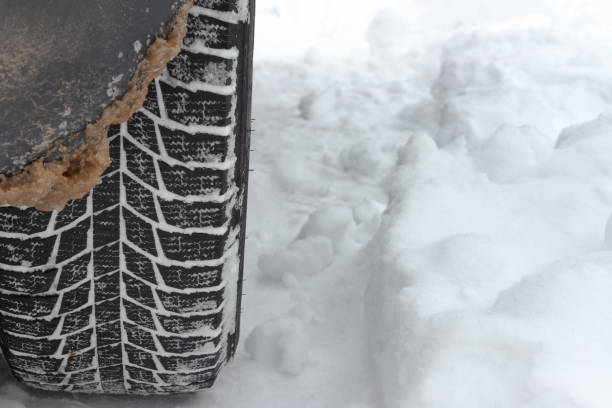 istock A car wheel with a winter tread stands in the snow. 1204876345