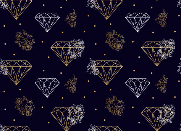 다이아몬드와 꽃 원활한 벡터 패턴. 파란색의 골드 라인. - bijoutry stock illustrations