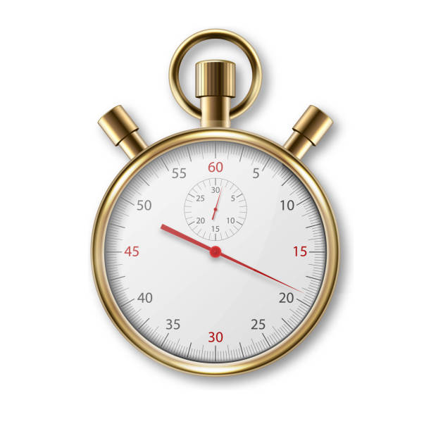 ilustrações, clipart, desenhos animados e ícones de ícone realista do metal golden classic stopwatch isolado em white background. modelo de design de stop-watch. sport timer em competições. comece, termine, gerenciamento de tempo. ilustração do vetor de ações - time minute hand small timer