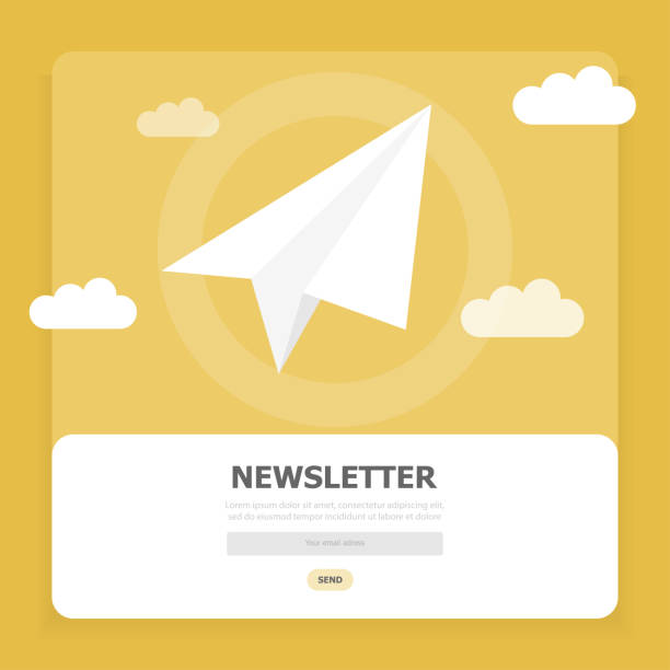 A window with a white plane and a subscription to news on the Internet on a yellow background. A window with a white plane and a subscription to news on the Internet on a yellow background. email subscription stock illustrations