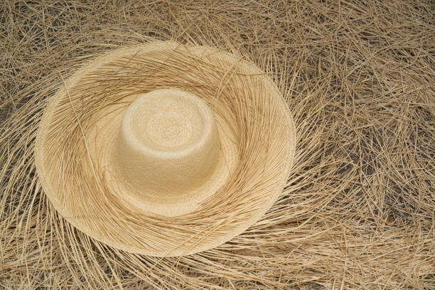 Yellow straw hat on white background view from above