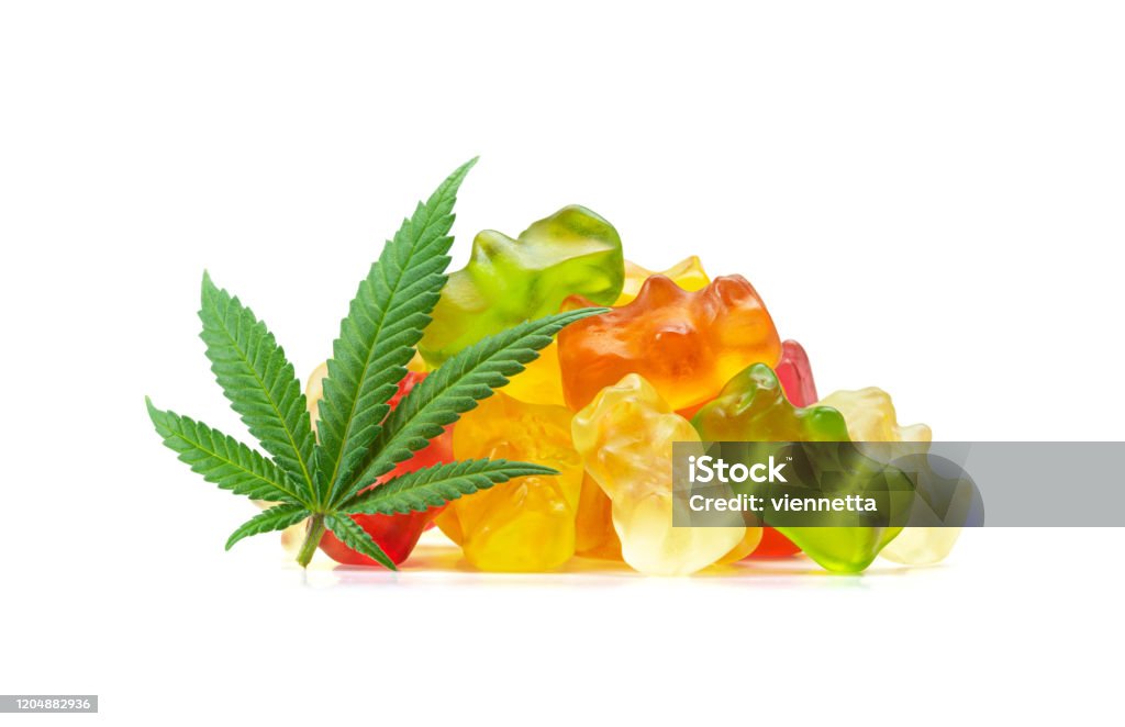 Gummy Bear Medical Marijuana Edibles (CBD or THC Candies) with Cannabis Leaf Isolated on White Background A pile of gummy bears made with cannabis extract next to a hemp leaf. These medical marijuana edibles contain CBD and THC and are isolated on a white background. Cannabis Plant Stock Photo