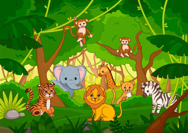 verschiedene niedliche cartoon-tiere in einem dschungel - tropical rainforest animal cartoon lion stock-grafiken, -clipart, -cartoons und -symbole