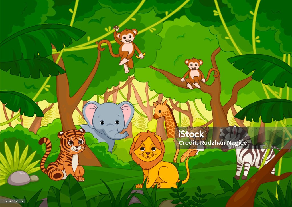 Ilustración de Surtido De Animales De Dibujos Animados Lindos En Una Selva  y más Vectores Libres de Derechos de Fondos - iStock