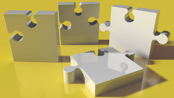 istock Four white puzzle pieces on yellow 1204883166