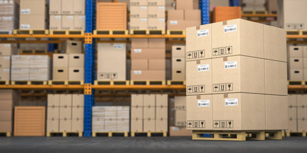 istock Warehouse or storage with cardboard boxes on a pallet. Logistics and mail delivery concept. 1204883540