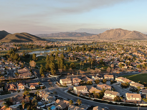 Aerial view of Menifee neighborhood, residential subdivision vila during sunset. Riverside County, California, United States