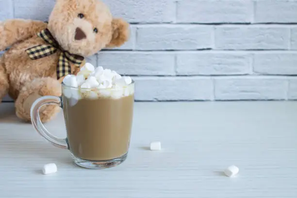 Photo of mug with milk coffee and white marshmallows and plush toy