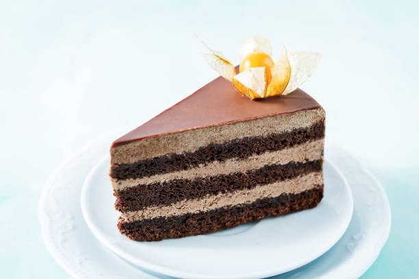 istock Chocolate cake with chocolate cream filling decorated with physalis 1204886859