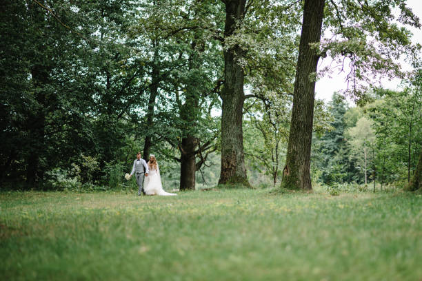 若い結婚式のカップルの肖像画は、森の中を歩いていると自然を賞賛し、風景を見ています。結婚式や屋外での写真撮影。新婚 夫婦。 - middle human age leaf tree ストックフォトと画像