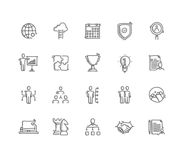 Vector illustration of Business Management Hand Draw Line Icon Set