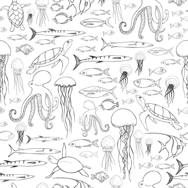 Vector illustration of Fish, jellyfish, turtles and octopuses. Vector  pattern
