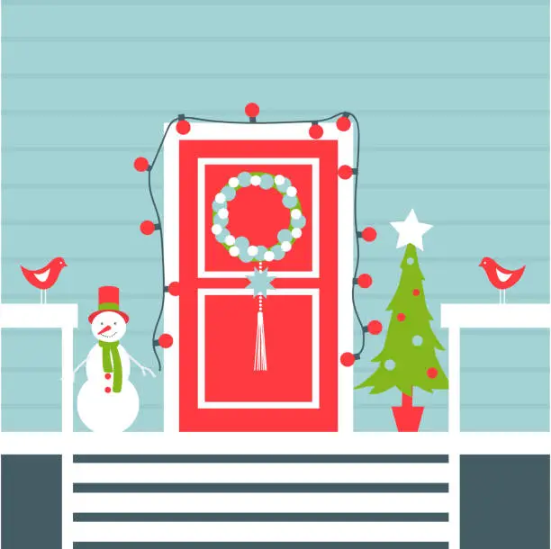 Vector illustration of Christmas Door with Christmas tree and snowman.