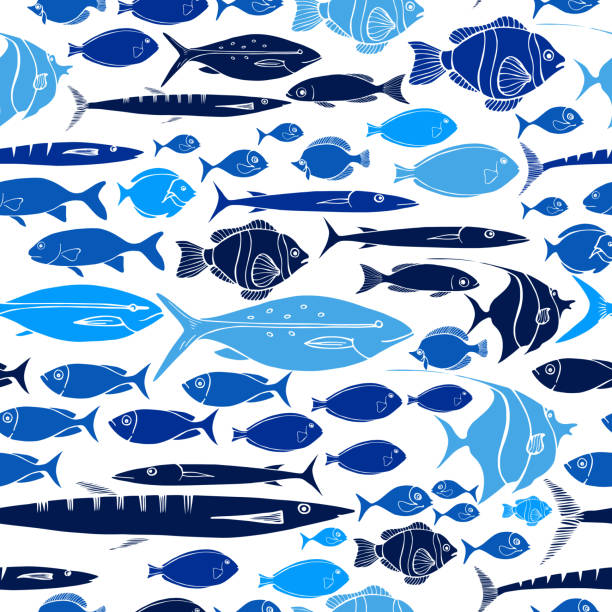 ilustraciones, imágenes clip art, dibujos animados e iconos de stock de patrón vectorial sin costuras con peces - pez