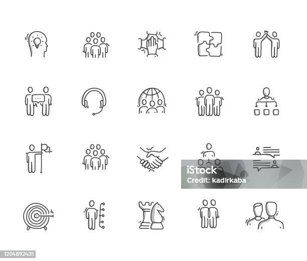 Collaboration Hand Draw Line Icon Set Stock Illustration - Download Image Now - Icon, Drawing - Activity, Drawing - Art Product