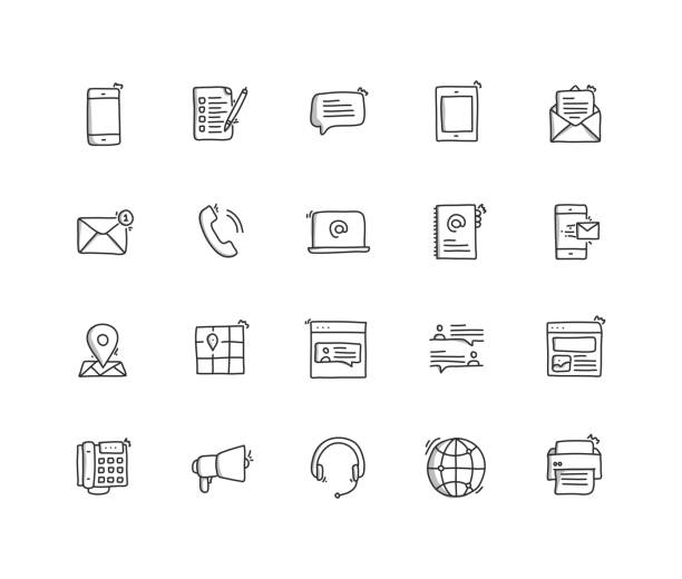 illustrations, cliparts, dessins animés et icônes de contactez us hand draw line icon set - computer language internet computer e mail