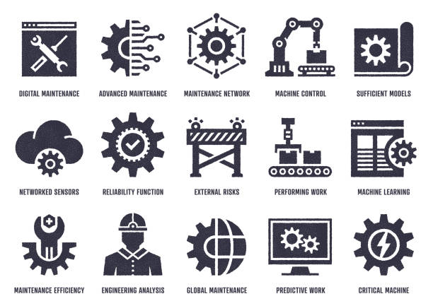 Repair & Maintenance Vector Icon Pack With Stipple Texture Effect Vector icon set with stipple texture effect created by the influence of repair and maintenance. High-quality graphic design illustrations for print designs, website symbols, apps, social media icons, and infographics. manufacturing stock illustrations
