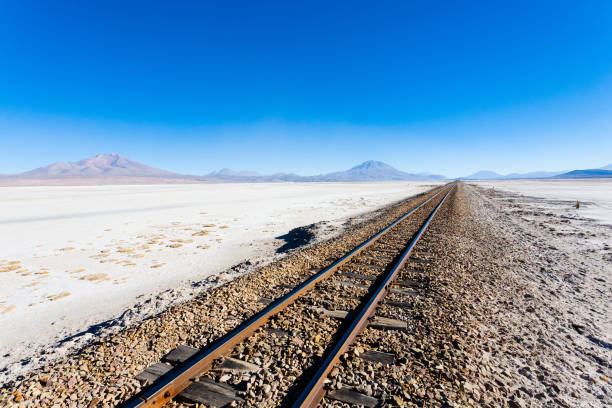 istock Train tracks on Bolivian salar 1204897413