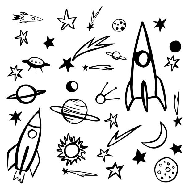 ilustraciones, imágenes clip art, dibujos animados e iconos de stock de objetos espaciales dibujados a mano. planetas, cometas, cohetes. - croquis ilustraciones