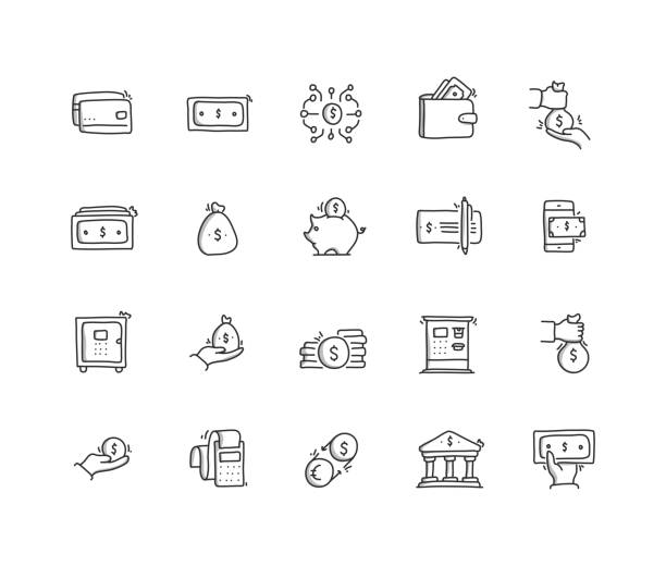 Money Hand Draw Line Icon Set Money Hand Draw Line Icon Set bank financial building drawings stock illustrations