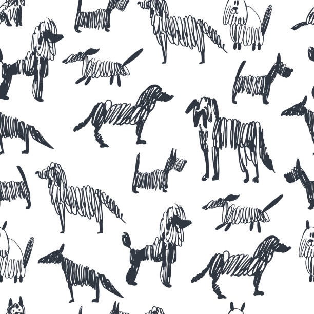 ilustrações, clipart, desenhos animados e ícones de cães de esboço.  padrão sem emenda vetorial - cão ilustrações