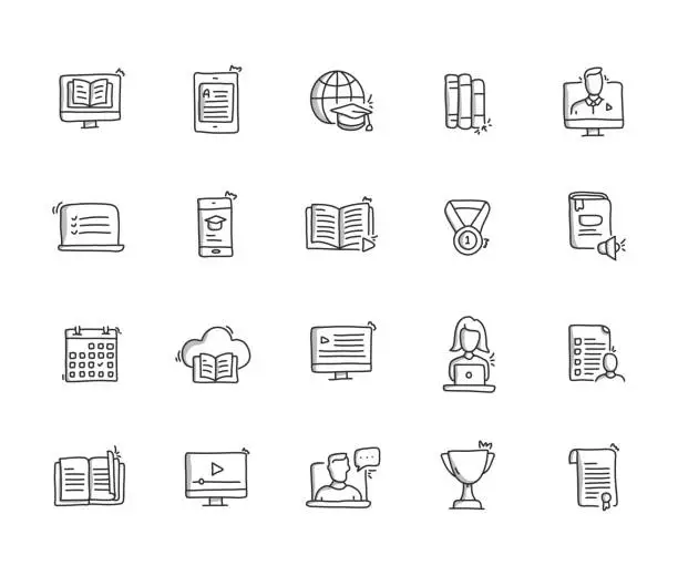 Vector illustration of Online Education Hand Draw Line Icon Set