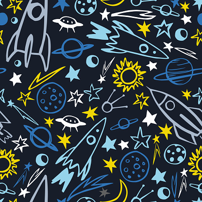 Hand drawn space objects. Planets, comets, rockets.  Vector  seamless pattern