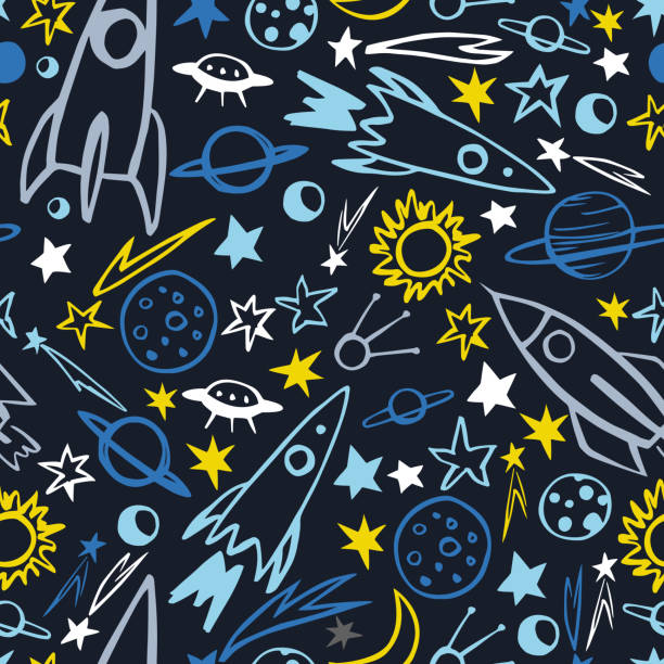 Planets, comets, rockets.  Vector pattern Hand drawn space objects. Planets, comets, rockets.  Vector  seamless pattern rocketship patterns stock illustrations