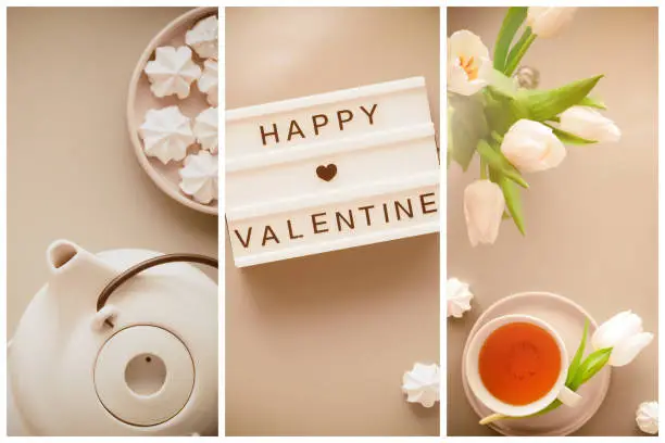 Valentine toned composite background, collage. Geometric panoramic flat lay with hands. Cup of black tea, tea pot, sweets and white tulips on grey with lightboard. Text Happy Valentine day on board.