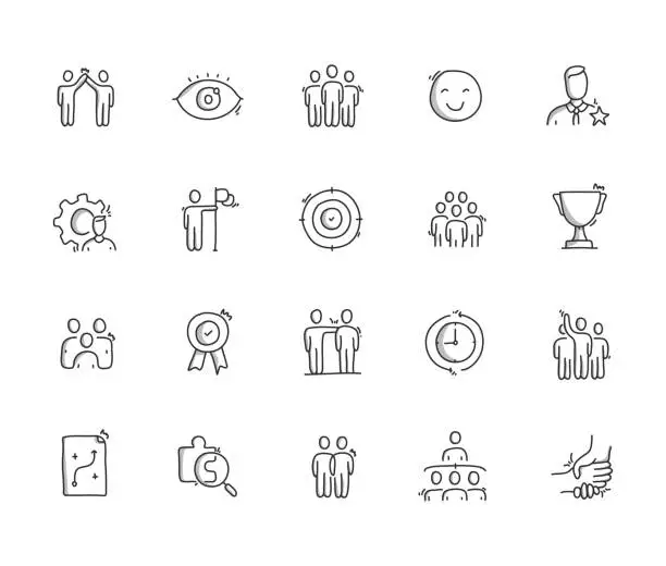 Vector illustration of Teamwork Hand Draw Line Icon Set