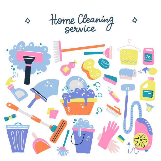 Hand drawn vector cleaning service tools concep. Cleaning equipment symbols. Detergent, iron, mop, dust pan, brushes, bleach, duster,washing liquid, vacuum cleaner, doodle icons, sketch with lettering Hand drawn vector cleaning service tools concep. Cleaning equipment symbols. Detergent, iron, mop, dust pan, brushes, bleach, duster,washing liquid, vacuum cleaner,doodle icons, sketch with lettering. cleaning drawings stock illustrations