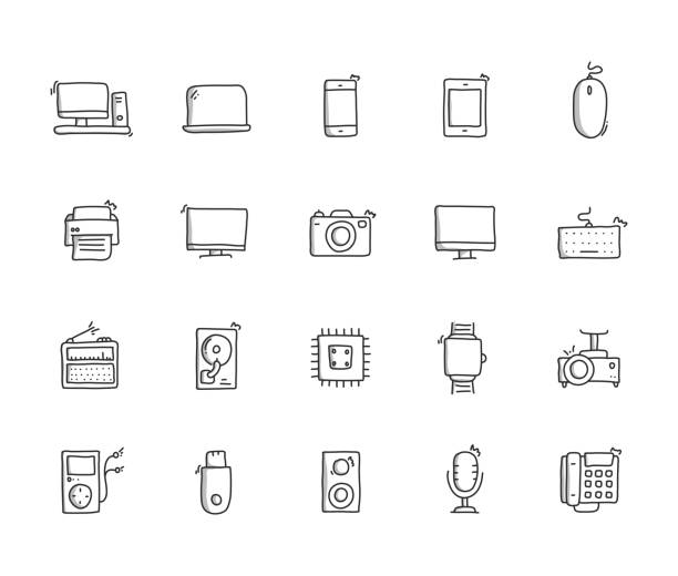 기술 손 그리기 선 아이콘 세트 - hard drive symbol ideas concepts stock illustrations
