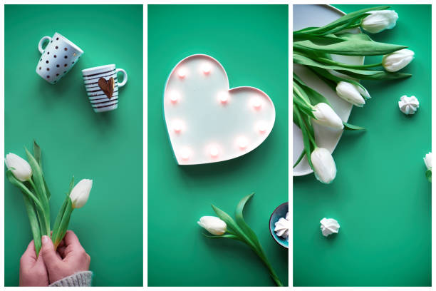 Collage, composite image. Spring geometric flat lay. Female hands show heart shape sign. Tea cup, tea pot, sweets and white tulips on green. Mothers day, international women day 8 March background.