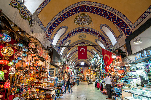 The Grand Bazaar, considered to be the oldest shopping mall in history with over 1200 jewelry, carpet, leather, spice and souvenir shops, Istanbul, Turkey.