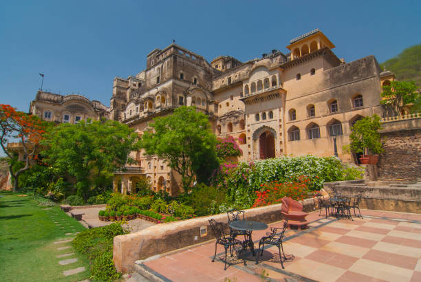 The Neemrana Fort Palace Hotel comprises a fully restored medieval palace in India, Rajasthan. stock photo