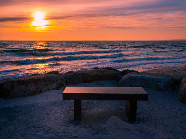 kamienna ławka pamiątkowa przy plaży o zachodzie słońca - beach bench cape cod sunset zdjęcia i obrazy z banku zdjęć