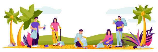ilustrações, clipart, desenhos animados e ícones de pessoas limpando lixo plástico em praia pública. ilustração vetorial. meio ambiente, ecologia, conceito de conservação da natureza - mulher catando lixo