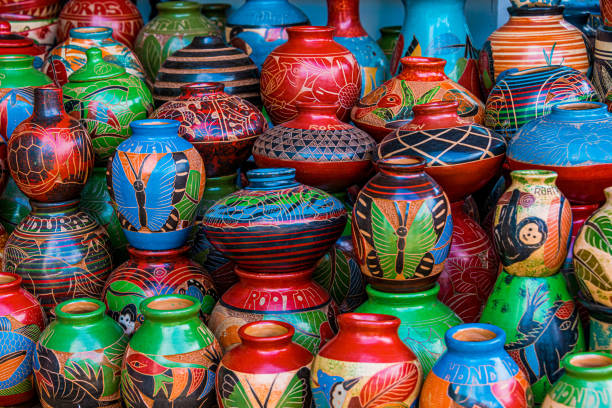 Multi-Colored Pottery Stacked Together stock photo