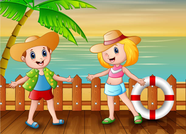 ilustraciones, imágenes clip art, dibujos animados e iconos de stock de niños de vacaciones de verano en la playa - 11207