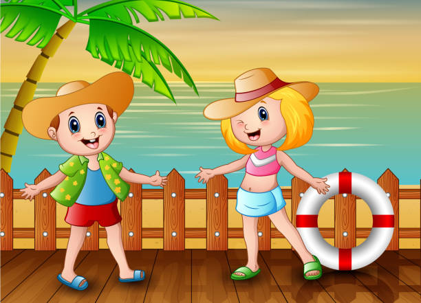 illustrazioni stock, clip art, cartoni animati e icone di tendenza di vacanze estive bambini in spiaggia - 11207