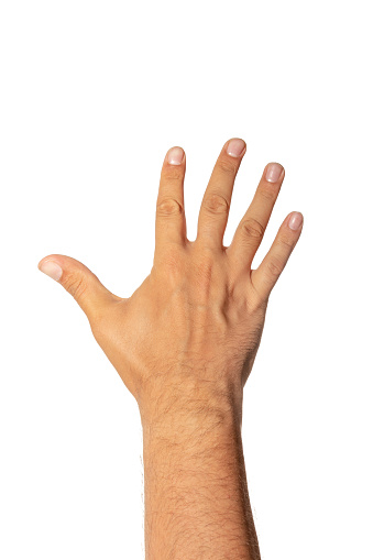 Mano mostrando dos dedos. Muñeca de mano con número 5 photo
