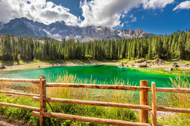 Stunning Carezza lake in summer, Dolomites, Italy, Europe