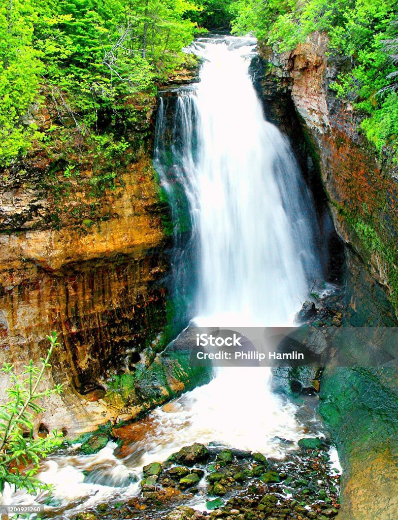 Pictured Rocks Waterfalls Michigan Minolta DSC Miners Falls, Pictured Rocks NLS, Michigan Beauty In Nature Stock Photo