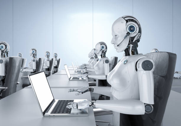 istock Female cyborgs in office 1204923126