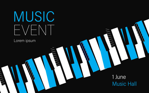 Music concert or event poster. Piano keys. Music concert or event poster. Piano keys on black background. Jazz concert banner design. Music piano concert minimal modern style poster. White and blue piano keys. Vector illustration piano stock illustrations