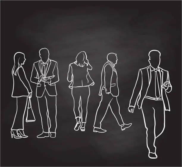 Vector illustration of Business Lunch Crowd Downtown Chalkboard