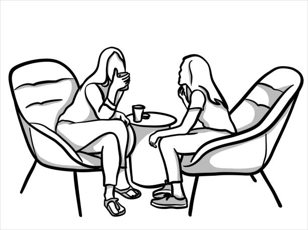ilustraciones, imágenes clip art, dibujos animados e iconos de stock de novias coffee break - talking chair two people sitting