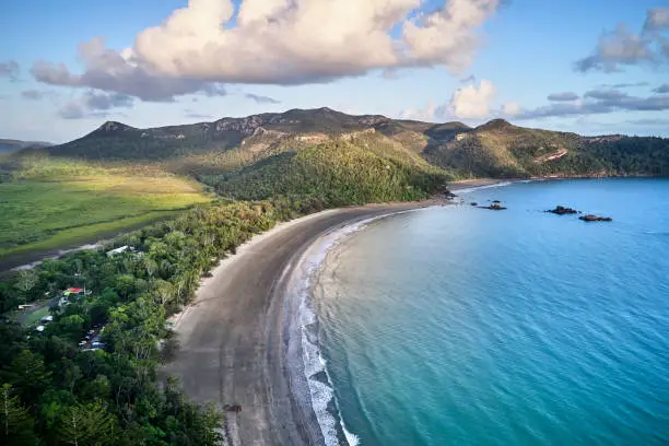 Aerials from a drone at sunrise from Cape Hillsborough in North Queensland, outside of Mackay.