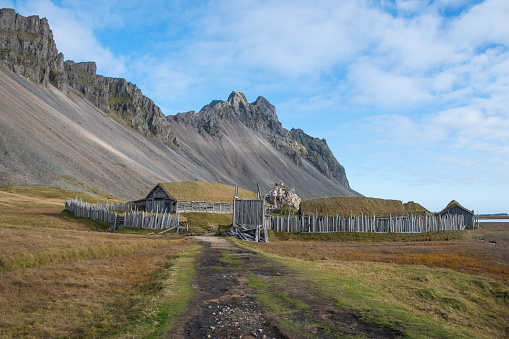 The Viking village near Vestrahorn mountain in southeast Iceland on a sunny autumn day
