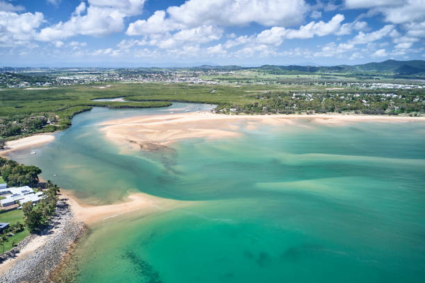 Mackay region and Whitsundays aerial drone image with blue water and rivers over sand banks Aerial drone images from around the Whitsundays/Mackay region in North Queensland. mackay stock pictures, royalty-free photos & images